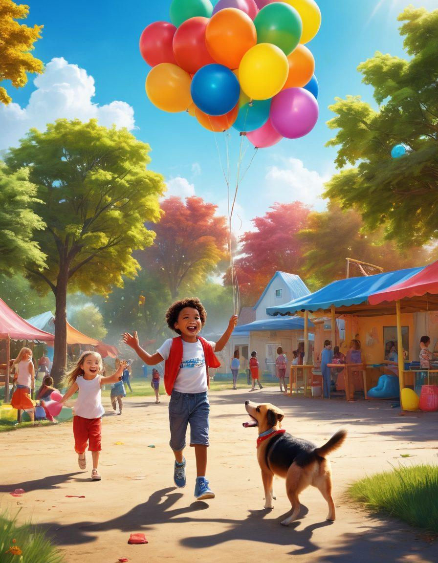 A colorful playground scene filled with diverse children engaging in various fun activities like painting, playing games, and laughing together. Capture a joyful atmosphere with bright balloons and playful animals, such as a dog fetching a frisbee. Include a sunny sky to evoke feelings of happiness and creativity. The overall mood should be lively and inviting. vibrant colors. super-realistic.