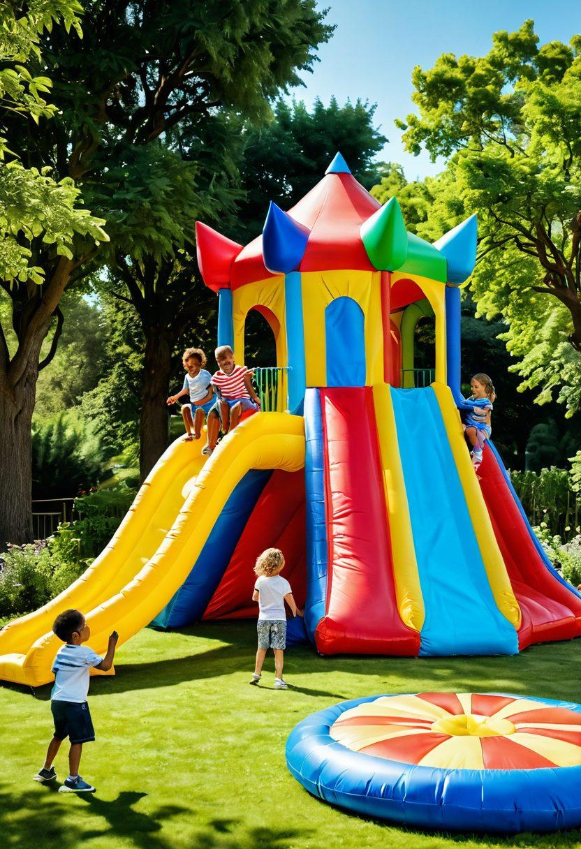A lively outdoor scene showcasing a diverse group of children playing with colorful, interactive toys in a sunny park setting. Include elements like a giant inflatable slide, a whimsical merry-go-round, and children engaged in imaginative play, fostering a sense of joy and adventure. The background should feature lush greenery and a cheerful family watching, capturing the essence of togetherness and fun. vibrant colors. playful illustration. 3D.