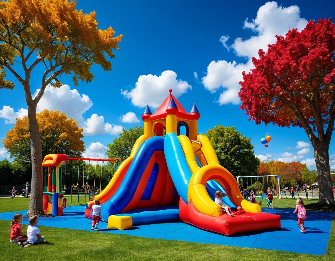 A whimsical, colorful playground filled with laughing children playing with interactive toys, such as giant colorful blocks and inflatable slides. A backdrop of bright blue skies with fluffy white clouds, and nearby trees adorned with playful decorations. The scene captures the essence of joy and playfulness, inviting viewers into a world of creativity and fun. playful art style. vibrant colors. bright background.